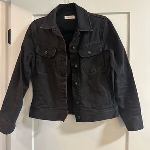 Women’s black denim Taylor Stitch jacket with map of San Francisco on inside